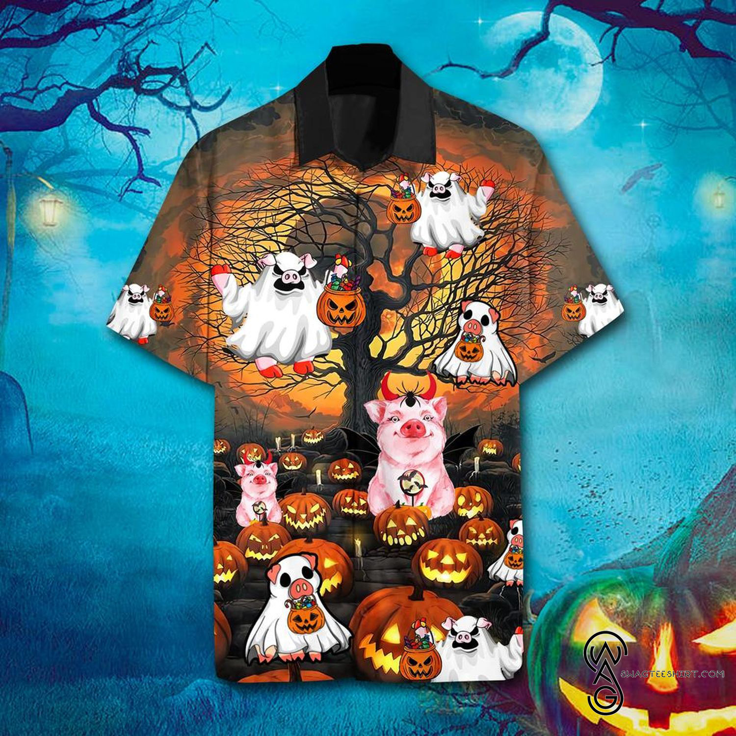 [Top Trending] Farmer Pig And Pumpkins Halloween Casual Summer Beach Full Printing Hawaiian Shirt